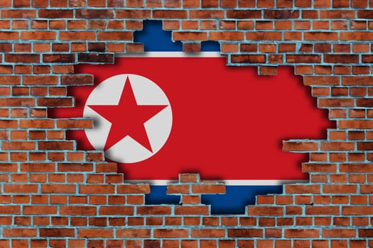 3D Flag of North Korea behind the broken old stone wall background.