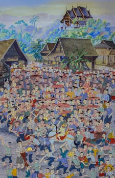 CHIANG MAI,THAILAND - OCTOBER 27, 2014 : Thai Lanna mural painting of Buddhist novice ordination ceremony (Poy Sang Long festival) on temple wall of Wat Chaimongkol Temple in Chiang Mai, Thailand.