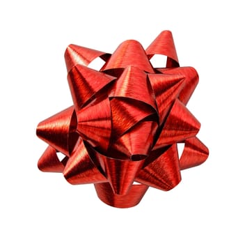 Red glossy ribbon bow gift isolated on white background for seasonal greeting holiday, christmas, celebration and new year concept.