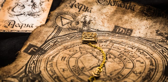 Ancient esoteric witchcraft background. Occultims and paganism old symbol, with mysterious runes and alphabet.
