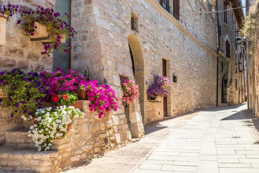 Assisi village in Umbria region, Italy. The town is famous for the most important Italian St. Francis Basilica (Basilica di San Francesco)