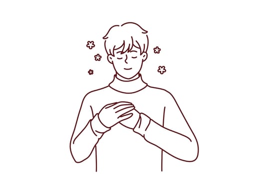 Happy young man with hands on chest feel positive and optimistic. Smiling guy enjoy good mental health and recovery. Vector illustration.