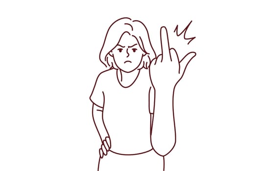 Furious young woman show fuck you gesture. Angry girl demonstrate middle finger. Nonverbal communication. Vector illustration.