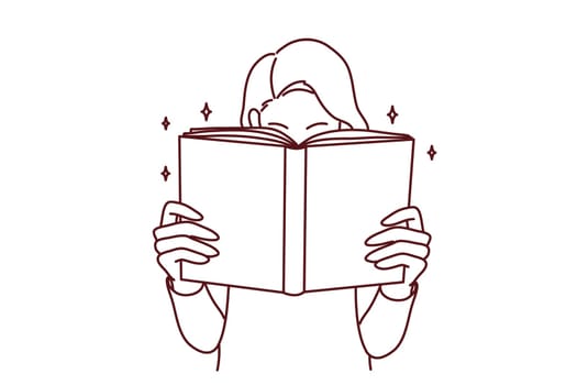 Young woman with book enjoy reading. Engaged girl with textbook lost in literature. Bookworm and hobby. Vector illustration.