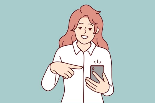 Smiling woman point at notification on cellphone screen. Happy female recommend good sale deal or offer on mobile phone. Vector illustration.