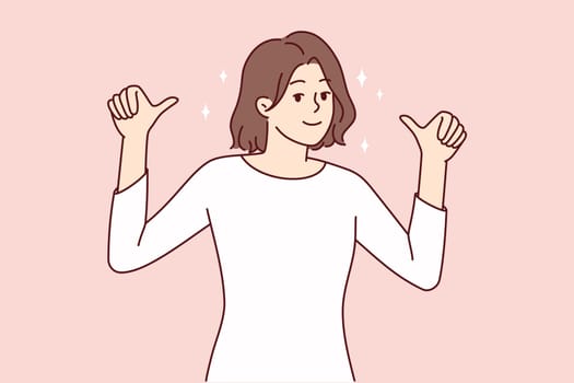 Happy young woman show thumbs up pointing at her. Smiling female feel confident and successful recommend candidature. Vector illustration.