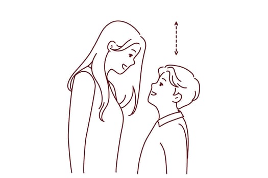 Couple with different height look in eyes. Tall woman and short man contrasting height. Relationship problem concept. Vector illustration.