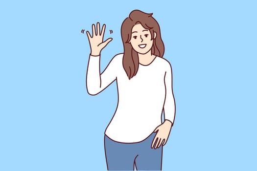 Portrait of smiling young woman wave with hand feeling overjoyed and optimistic. Happy female make hand gesture greeting or welcoming. Vector illustration.