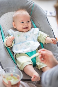 Mother spoon feeding her baby boy child in baby chair with fruit puree. Baby solid food introduction concept