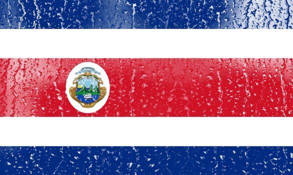 3D Flag of Costa Rica on a glass with water drop background.