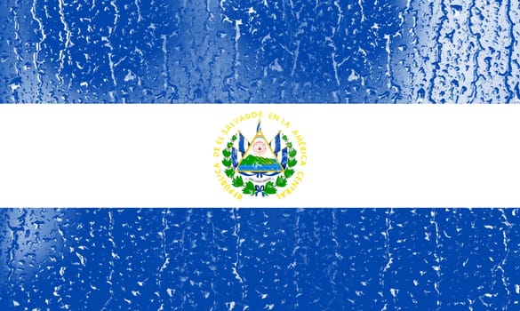 3D Flag of El Salvador on a glass with water drop background.
