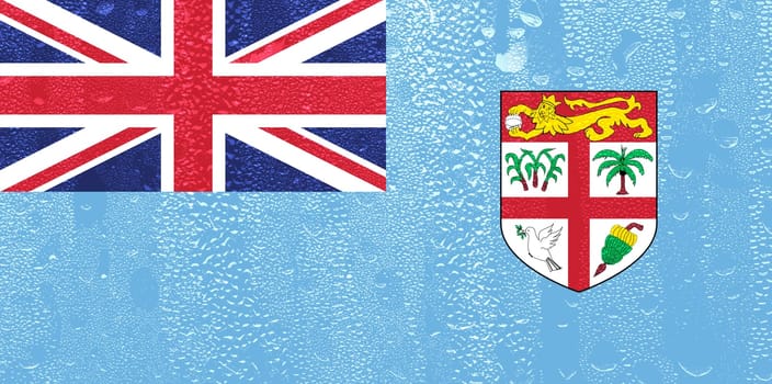 3D Flag of Fiji on a glass with water drop background.