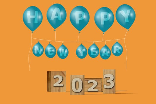 3D illustration New Year concept 2023 design with text on the wooden box and balloons on a marigold color background.