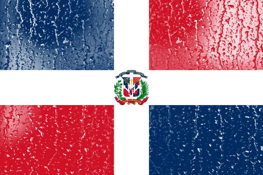 3D Flag of Dominican Republic on a glass with water drop background.