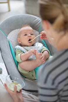 Mother spoon feeding her baby boy child in baby chair with fruit puree. Baby solid food introduction concept