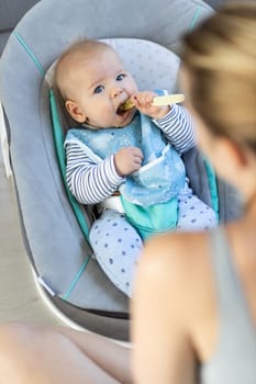 Mother spoon feeding her baby boy child in baby chair with fruit puree. Baby solid food introduction concept