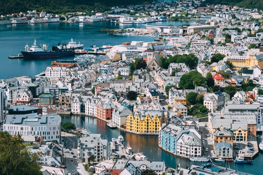 Alesund, Norway. View Of  Alesund Skyline Cityscape. Historical Center In Summer Sunny Day. Famous Norwegian Landmark And Popular Destination. Alesund, Kiven viewpoint, Mt.