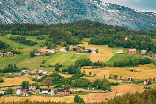 Voss, Norway. Summer Scenic Landscape With Fields And Red Farm Buildings. Traditional Norwegian Hillside Village With Old Wooden Houses.