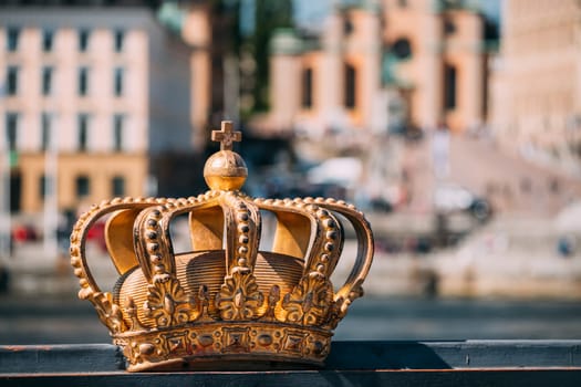 Stockholm, Sweden. Skeppsholmsbron - Skeppsholm Bridge With Its Famous Golden Crown In Stockholm, Sweden. Famous Popular Place Landmark Destination. Scandinavia Travel.