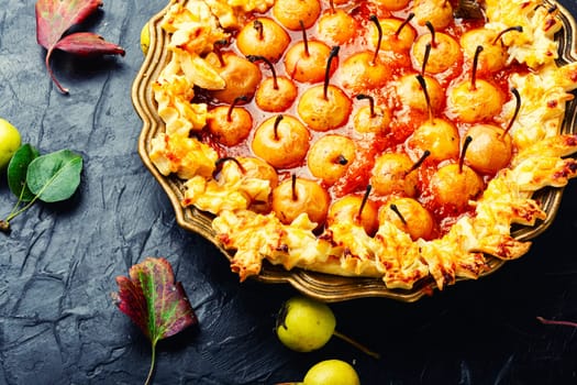 Homemade autumn pie, cake decorated with autumn pear on rustic table
