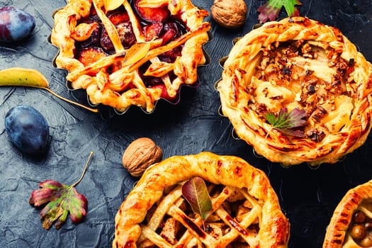 Tasty autumn cake with apples, plums and grapes. Autumn pastry