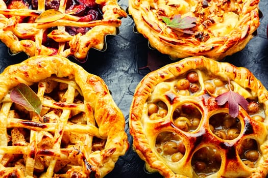 Tasty autumn cake with apples, plums and grapes. Autumn pastry