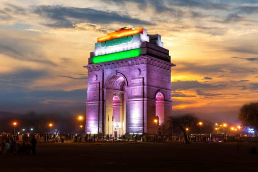 The India Gate, night illuminated view, New Delhi.
