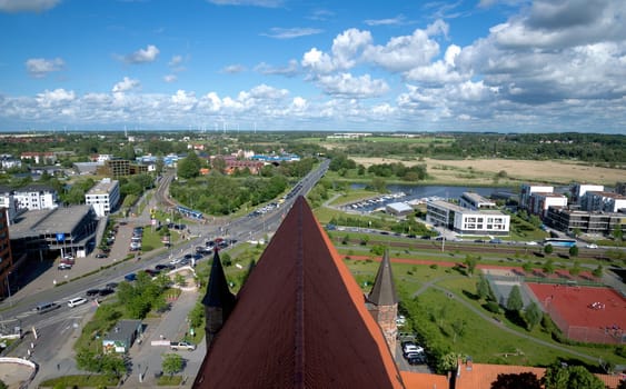 aerial view of the skyline of Rostock, a city at the Baltic sea, view over the river warnow