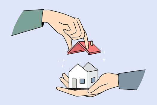 Huge hands building tiny house, set roof on building. Concept of construction. Real estate and rental. Vector illustration.