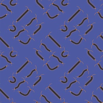 Black Cartoon Scolopendra Seamless Pattern Isolated on Blue Background. Giant Sentipede Animal Icon.