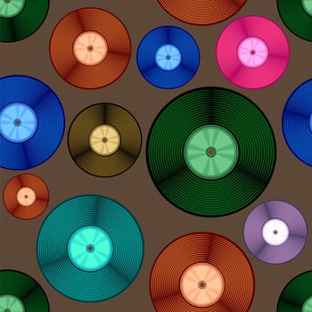 Vinyl colored plate disc isolated on brown background. Music retro seamless pattern.