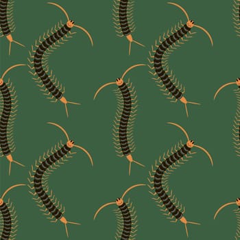 Black Cartoon Scolopendra Isolated on Green Background. Giant Sentipede Animal Icon Seamless Pattern.