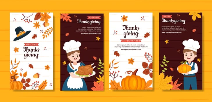 Happy Thanksgiving Celebration Social Media Stories Flat Cartoon Hand Drawn Templates Illustration