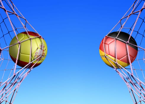 Two soccer balls in flags Spain and Germany , in a net