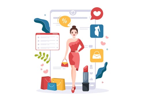 Beauty and Fashion Blog with Bloggers Review Videos of Fashionable Clothes, Cosmetics or Makeup Trends in Cartoon Hand Drawn Template Illustrations