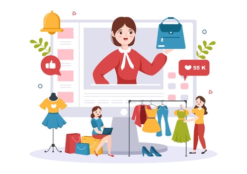 Beauty and Fashion Blog with Bloggers Review Videos of Fashionable Clothes, Cosmetics or Makeup Trends in Cartoon Hand Drawn Template Illustrations