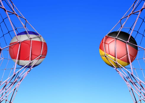 Two soccer balls in flags Costa rica and Germany , in a net