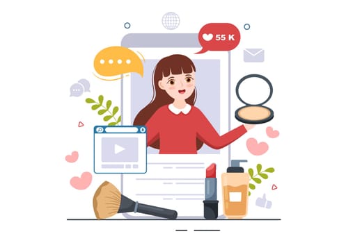 Beauty and Fashion Blog with Bloggers Review Videos of Fashionable Clothes, Cosmetics or Makeup Trends in Cartoon Hand Drawn Template Illustrations