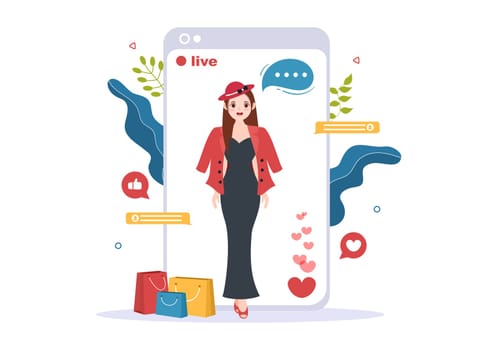 Beauty and Fashion Blog with Bloggers Review Videos of Fashionable Clothes, Cosmetics or Makeup Trends in Cartoon Hand Drawn Template Illustrations