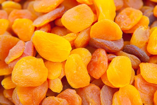 Orejones of dried apricots. Displayed at street market stall