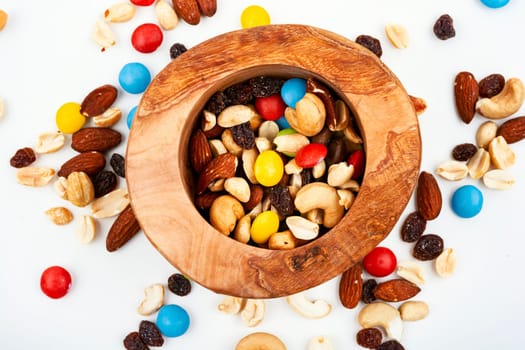 Assortment of nuts, almonds, cashews and raisins. Healthy food