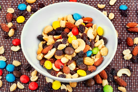Assortment of nuts, almonds, cashews and raisins. Healthy food