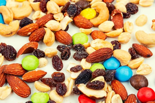 Assortment of nuts, almonds, cashews and raisins. Healthy food