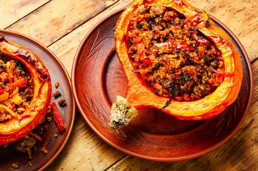 Vegetarian food, pumpkin baked with vegetables.Healthy food
