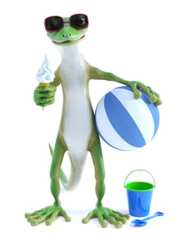 3D rendering of a cool green gecko or lizard wearing sunglasses and eating ice cream while holding a blue striped beach ball. A children's bucket and spade is on the floor. White background.