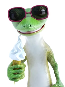 3D rendering of a cool green gecko or lizard wearing sunglasses and eating ice cream. White background.