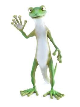 3D rendering of a cool green gecko or lizard standing up and waving. White background.