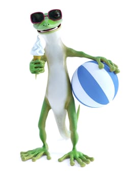 3D rendering of a cool green gecko or lizard wearing sunglasses and eating ice cream while holding a blue striped beach ball. White background.