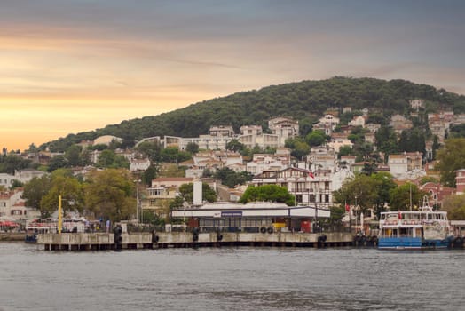 Marmara Sea, Heybeliada Island Ferry Terminal with summer houses, and green mountains in the background, Istanbul, Turkiye