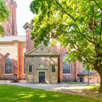 Entrance of Church of Saint Clare, Klara Church, Swedish: Klara kyrka, built in 1989, located on Klara Vastra Kyrkogata in the Klara area in lower Norrmalm, Stockholm, Sweden